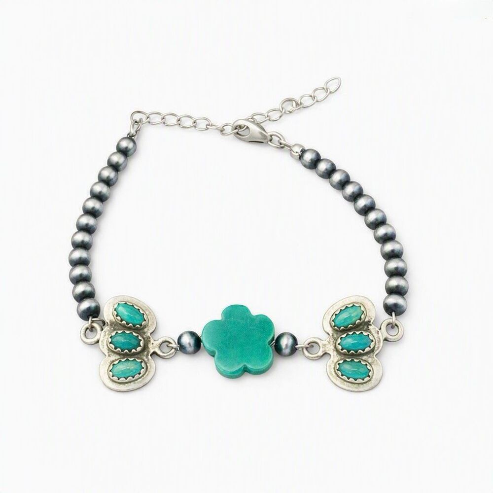 Turquoise Flower  Bracelet Silver Desert Bead Adjustable Chain Boho Jewelry